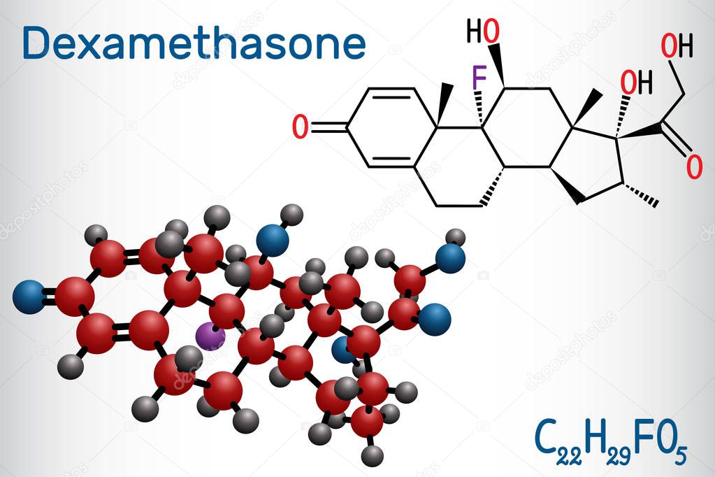 Dexamethasone molecule. This anti-inflammatory medication is a corticosteroid hormone glucocorticoid . Is used to treat arthritis, immune and hormone system disorders, allergic reactions