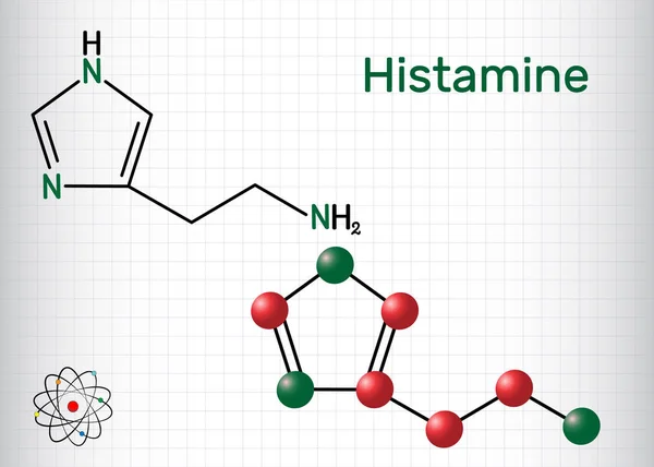 Histamine molecule. It is amine, nitrogenous compound, stimulant of gastric secretion, vasodilator, and centrally acting neurotransmitter. Sheet of paper in a cage. — Stock Vector