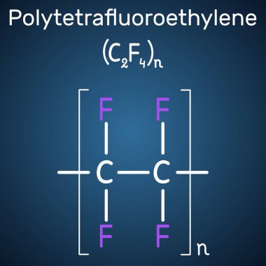 Politetrafloroetilen veya Ptfe, teflon polimer molekülü. Tetrafloroetilen sentetik floroetilen bir sentetik floropolimer. Koyu mavi arka plan üzerinde yapısal kimyasal formül