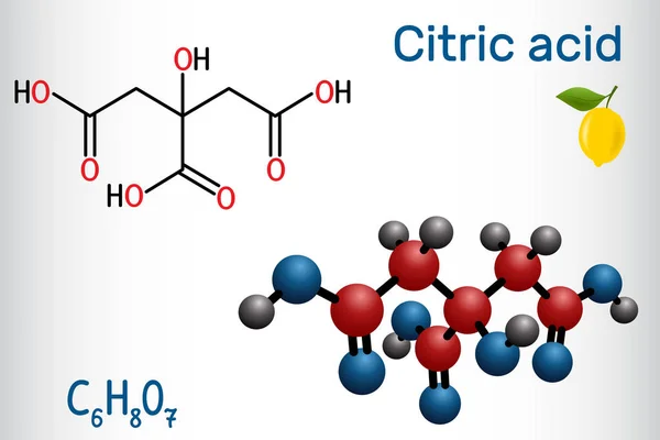 La molécula de ácido cítrico, se encuentra en cítricos, limones y limas. Se utiliza como aditivo en alimentos, agentes de limpieza, suplementos nutricionales. Fórmula química estructural — Vector de stock