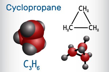 Siklopropan sikloalkane molekülü. Bu bir inhalasyon anestezisi. Yapısal kimyasal formül ve molekül modeli