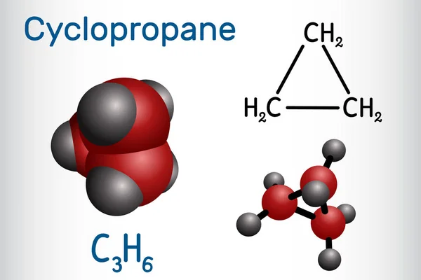 Cyclopropane cycloalkane molecule. It is an inhalation anaesthetic. Structural chemical formula and molecule model — Stock Vector