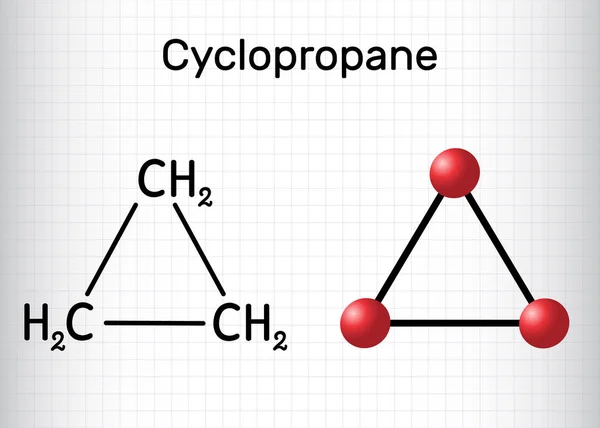 Siklopropan sikloalkane molekülü. Bu bir inhalasyon anestezisi. Kafesteki kağıt parçası. Yapısal kimyasal formül ve molekül modeli — Stok Vektör