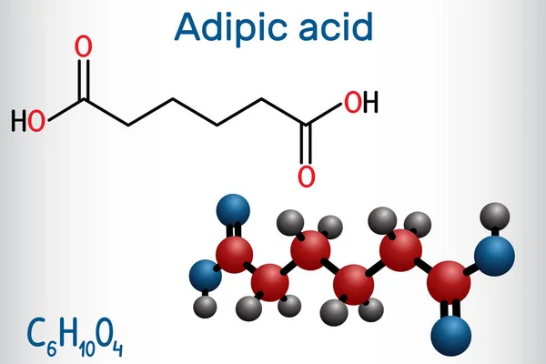 アジピック酸またはヘキサンエダイオ酸、ジカルボキシリン酸分子。食品添加物E355であり、ナイロンの製造前駆体としても用いられる。構造化学式と分子モデル — ストックベクタ