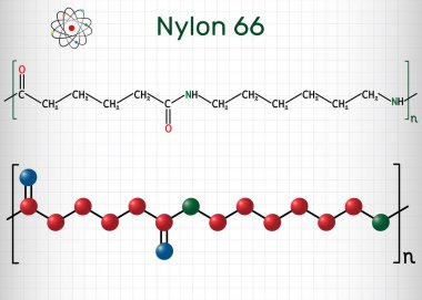 Nylon 66 or nylon molecule. It is plastic polymer. Structural chemical formula and molecule model. Sheet of paper in a cage clipart