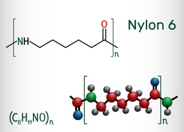 Naylon 6 veya polikaprolaktam polimer molekülü. Yapısal kimyasal formül ve molekül modeli