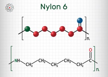 Naylon 6 veya polikaprolaktam polimer molekülü. Yapısal kimyasal formül ve molekül modeli. Kafesteki kağıt levha