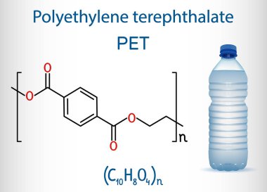 Polyethylene terephthalate or PET, PETE polyester, thermoplastic polymer molecule with plastic bottle. Structural chemical formula clipart