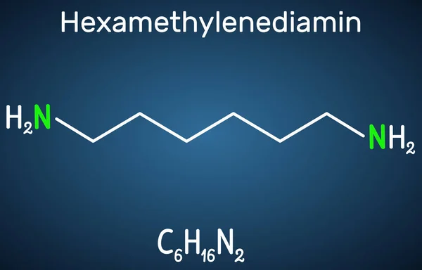 Molécula de diamina de hexametilendiamina. Es monómero para nylon. Fórmula química estructural sobre el fondo azul oscuro — Vector de stock