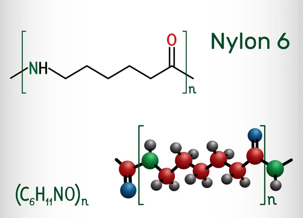 Molécula de polímero de nylon 6 o policaprolactama. Fórmula química estructural y modelo molecular — Archivo Imágenes Vectoriales
