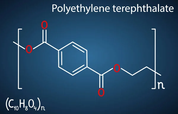 Politereftalato de etileno o PET, poliéster PETE, molécula de polímero termoplástico. Fórmula química estructural sobre el fondo azul oscuro — Vector de stock