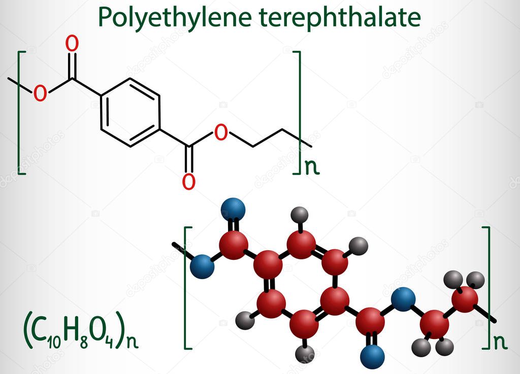 Polyethylene terephthalate or PET, PETE polyester, thermoplastic polymer molecule. Structural chemical formula and molecule model