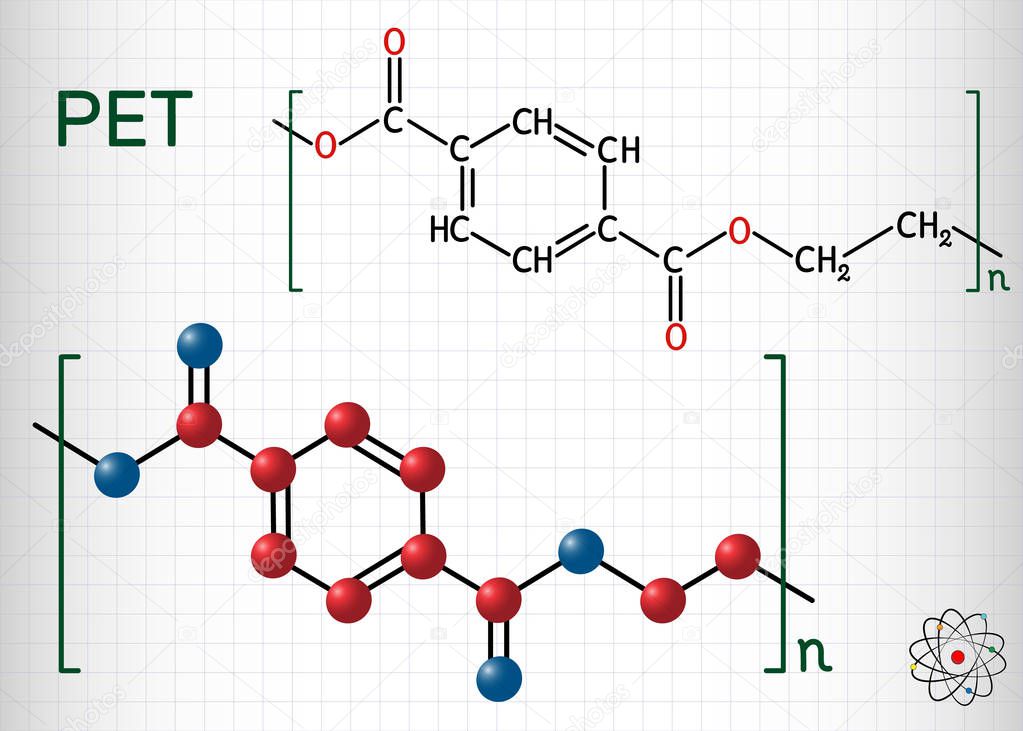 Polyethylene terephthalate or PET, PETE polyester, thermoplastic polymer molecule. Structural chemical formula and molecule model. Sheet of paper in a cage. Vector illustratio