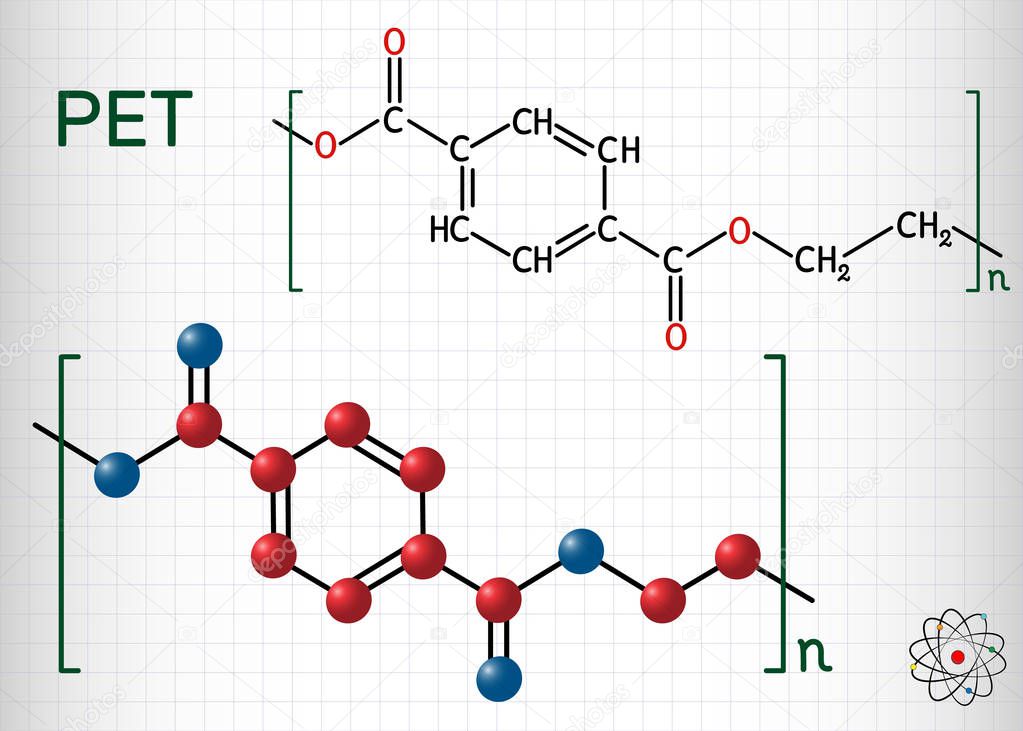 Polyethylene terephthalate or PET, PETE polyester, thermoplastic polymer molecule. Structural chemical formula and molecule model. Sheet of paper in a cage