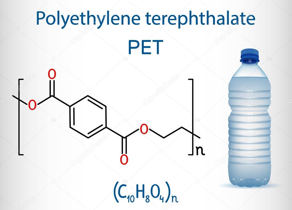 Polyethylene terephthalate or PET, PETE polyester, thermoplastic polymer molecule with plastic bottle. Structural chemical formula. Vector illustration