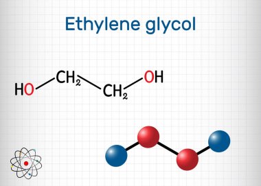 Etilen glikol, diol molekülü. Polyester elyaf üretimi ve antifriz formülasyonları için kullanılır. Yapısal kimyasal formül. Kafesteki kağıt levha