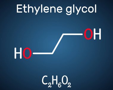 Etilen glikol, diol molekülü. Polyester elyaf üretimi ve antifriz formülasyonları için kullanılır. Koyu mavi arka plan üzerinde yapısal kimyasal formül