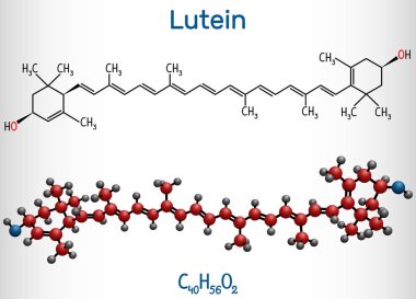 Lutein, xanthophyll molecule. It is type of carotenoid. Structural chemical formula and molecule model clipart