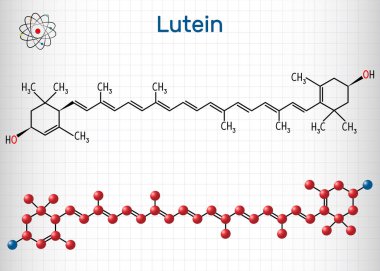 Lutein, xanthophyll molecule. It is type of carotenoid. Structural chemical formula and molecule model. Sheet of paper in a cage clipart