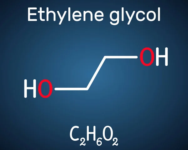 Ethylene glycol, diol molecule. It is used for manufacture of polyester fibers and for antifreeze formulations. Structural chemical formula on the dark blue background — Stock Vector