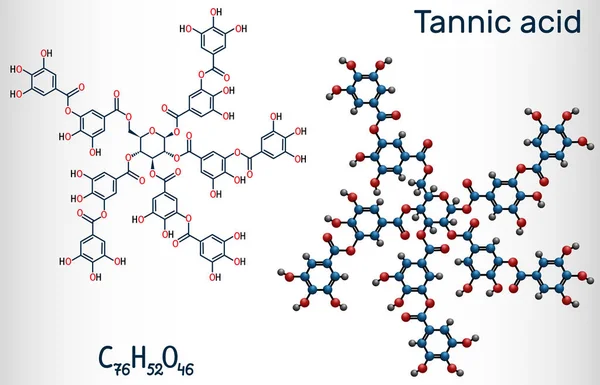 Ácido tánico, molécula de tanino. Es un tipo de polifenol. Fórmula química estructural y modelo molecular — Archivo Imágenes Vectoriales