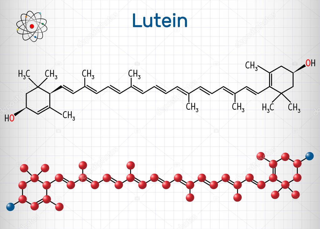Lutein, xanthophyll molecule. It is type of carotenoid. Structural chemical formula and molecule model. Sheet of paper in a cage