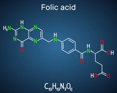 Folik asit, folat molekülü. B9 vitamini olarak bilinir. Koyu mavi arka plan üzerinde yapısal kimyasal formül