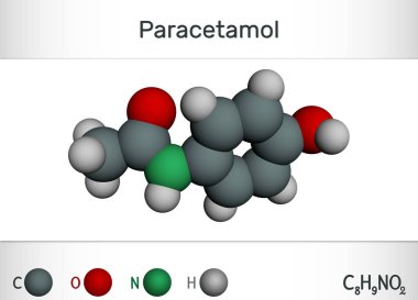 Parasetamol asetaminofen ilaç molekülü. Kimyasal formül ve molekül modeli