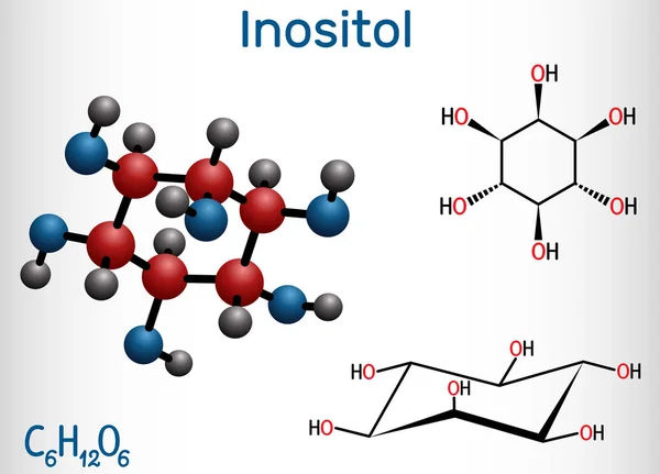 Inositol, miyo-inositol, vitamin benzeri esansiyel nutrien molekülü. Yapısal kimyasal formül ve molekül modeli.