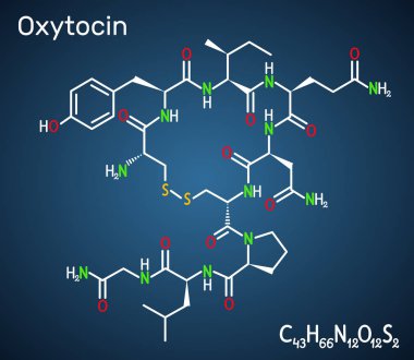 Oksitosin, Oxt, peptit hormonu ve nöropeptit molekülü. Koyu mavi arka plan üzerinde yapısal kimyasal formül
