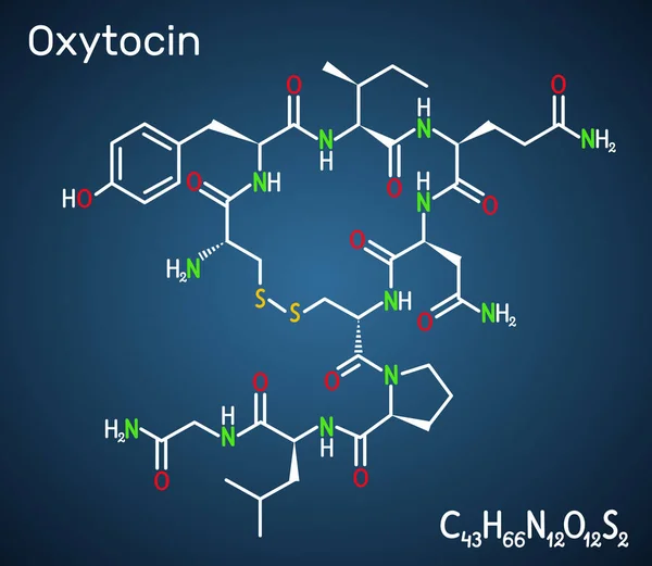Oxitocina, Oxt, hormona peptídica y molécula neuropeptídica. Fórmula química estructural sobre el fondo azul oscuro — Vector de stock