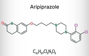 Aripiprazol, nörotransmitter, atipik antipsikotik ilaç molekülü. Yapısal kimyasal formül