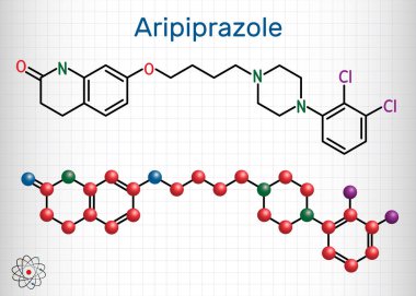 Aripiprazol, nörotransmitter, atipik antipsikotik ilaç molekülü. Yapısal kimyasal formül ve molekül modeli. Kafesteki kağıt levha
