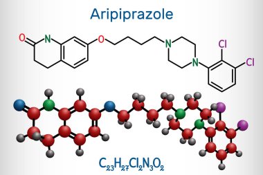 Aripiprazol, nörotransmitter, atipik antipsikotik ilaç molekülü. Yapısal kimyasal formül ve molekül modeli.