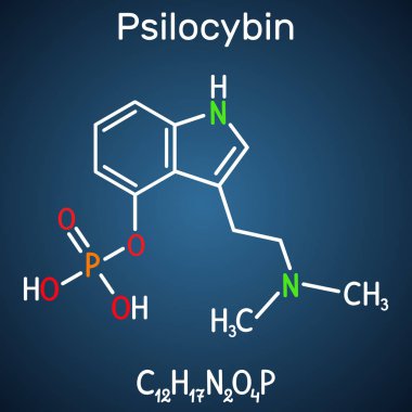 Psilosibin alkaloid molekülü. Bu doğal psychedelic prodrug olduğunu. Koyu mavi arka plan üzerinde yapısal kimyasal formül