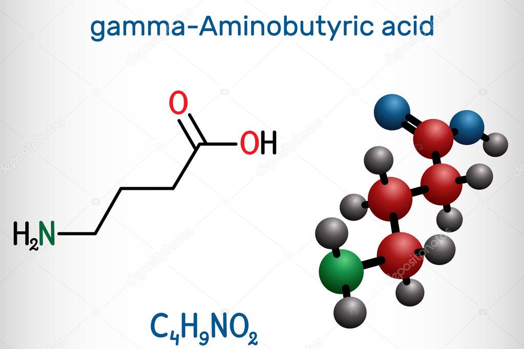 Gamma-Aminobutyric acid, GABA molecule. It is a naturally occurring neurotransmitter with central nervous system inhibitory activity. Structural chemical formula and molecule model.