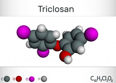 Triklosan molekülü. Bu antibakteriyel, antimikrobiyal, antifungal aktivite ile bir polikloro fenoksi fenol. Yapısal kimyasal formül ve molekül modeli