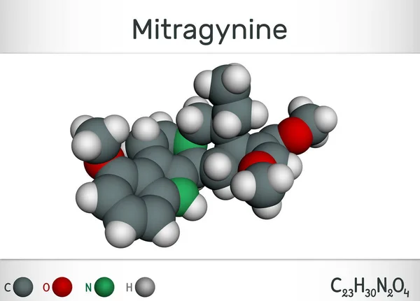 Molécula de mitraginina. Es el alcaloide herbal con propiedades similares a los opiáceos producidos por la planta Mitragyna speciosa Korth, kratom. Modelo molecular — Foto de Stock