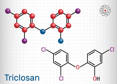 Triklosan molekülü. Bu antibakteriyel, antimikrobiyal, antifungal aktivite ile bir polikloro fenoksi fenol. Kafesteki kağıt parçası. Yapısal kimyasal formül ve molekül modeli