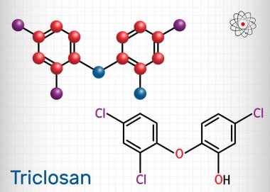 Triclosan molecule. It is a polychloro phenoxy phenol with antibacterial, antimicrobial, antifungal activity.  Sheet of paper in a cage. Structural chemical formula and molecule model clipart