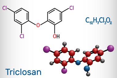 Triclosan molecule. It is a polychloro phenoxy phenol with antibacterial, antimicrobial, antifungal activity.  Structural chemical formula and molecule model clipart