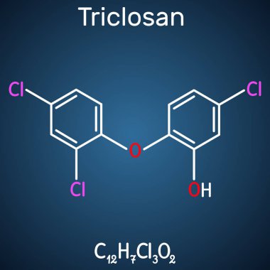 Triklosan molekülü. Bu antibakteriyel, antimikrobiyal, antifungal aktivite ile bir polikloro fenoksi fenol. Koyu mavi arka plan üzerinde yapısal kimyasal formül
