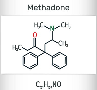 Metadon, Dolophine molekülü. Bu bir opioid, bir analjezik olarak kullanılır, uyuşturucu bağımlılığı tedavisinde. Yapısal kimyasal formül ve molekül modeli