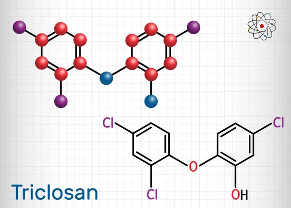 Triklosan molekülü. Bu antibakteriyel, antimikrobiyal, antifungal aktivite ile bir polikloro fenoksi fenol. Kafesteki kağıt parçası. Yapısal kimyasal formül ve molekül modeli