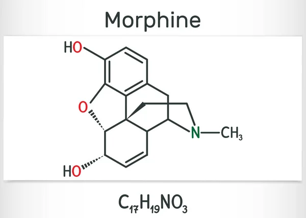 Molécula de morfina. Es un medicamento para el dolor del opiáceo. Fórmula química estructural y modelo molecular — Vector de stock