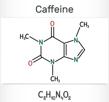 Kafein alkaloid molekülü. Yapısal kimyasal formül ve molekül modeli.