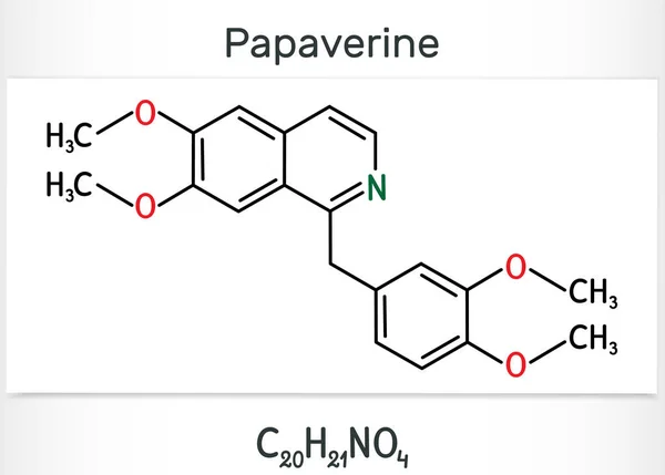 파파베린 분자. 아편 알칼로이드 진경제 약물입니다. 구조 화학 공식 — 스톡 벡터