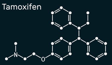 Tamoxifen, C26H29NO molecule. It is antineoplastic nonsteroidal antiestrogen, used in the treatment and prevention of breast cancer. Skeletal chemical formula on the dark blue background. Illustration clipart