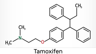 Tamoxifen, C26H29NO molecule. It is antineoplastic nonsteroidal antiestrogen, used in the treatment and prevention of breast cancer. Skeletal chemical formula. Illustration clipart