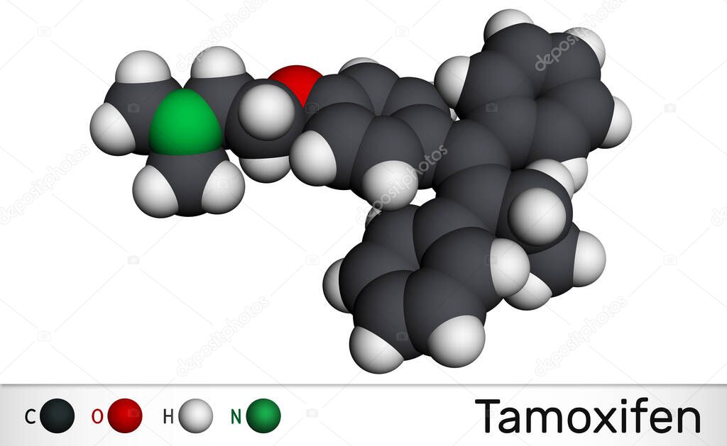 Tamoxifen, C26H29NO molecule. It is antineoplastic nonsteroidal antiestrogen, used in the treatment and prevention of breast cancer Molecular model. 3D rendering